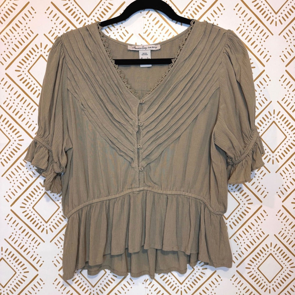 American Rag Peasant Blouse‎ Size L Babydoll Spring Pintuck Ruffle Peplum Boho